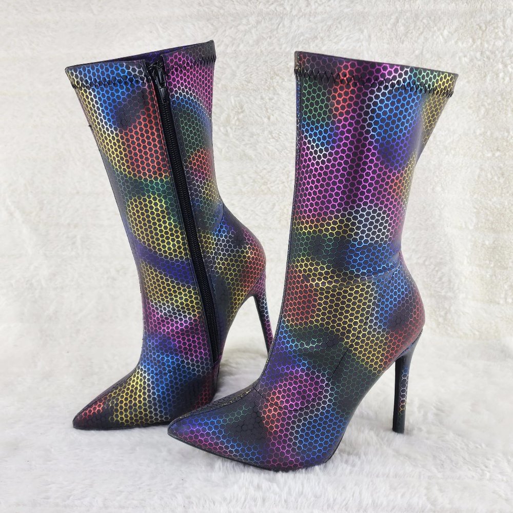 Metallic Rainbow Mid Calf Pointy Toe High Heel Boots Isla